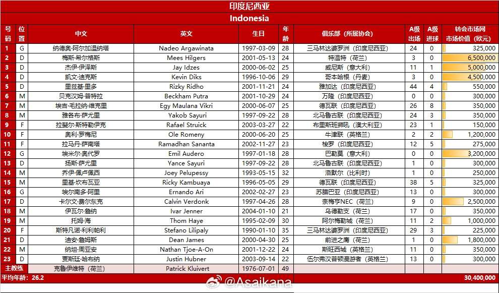 身价近中国3倍！印尼23人名单：希尔格斯、奥代罗、罗梅尼在列